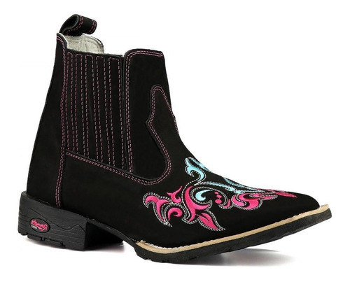 Bota Botina Texana Feminina Country Couro Bordado Rosa Tribal Confortável.