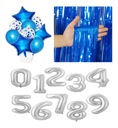 2 Buque 9 Balões +1 Número 70cm +2 Cortinas 1x2m Azul Escuro