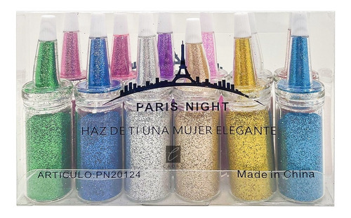 Kit Polvo X12 Glitter Paris Night Decoración Uñas Brillo