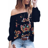 Blusa Mexicana De Manga Larga Con Hombros Descubiertos Mujer