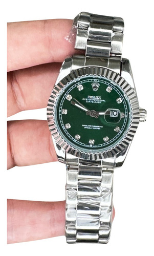 Relogio Mini Feminino Rolex Day Date Prata Com Verde