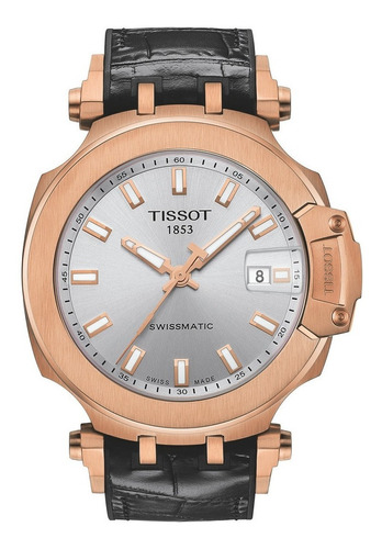 Reloj Pulsera Tissot T-sport T-race Swissmatic De Cuerpo Color Oro Rosa, Analógico, Para Hombre, Fondo Plateado, Con Correa De Sintético/cuero Color Negro, Agujas Color Oro Rosa Y Blanco, Dial Oro Ros