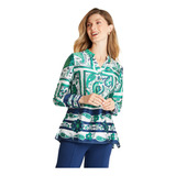 Blusa Satinada Cuello Mao Estampada Verde