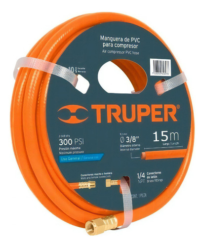 Manguera Compresor Aire 300psi 3/8'' 15 Metros Truper 10894 Color Naranja