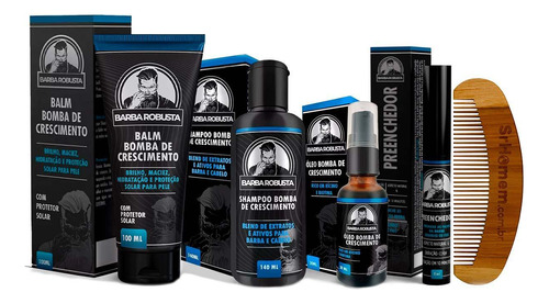 Kit Balm Óleo Shampoo Preenchedor Pente Curvo Barba Robusta