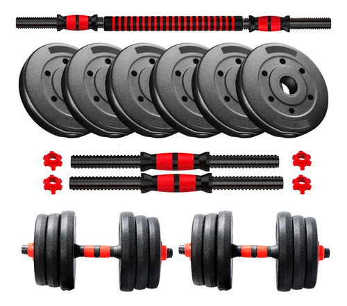 Kit Mancuernas Y Barra + 30 Kg Discos Pvc Con Tope A Rosca Color Conversor - Negro/rojo