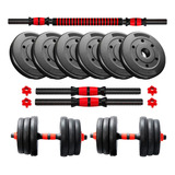 Kit Mancuernas Y Barra + 30 Kg Discos Pvc Con Tope A Rosca Color Conversor - Negro/rojo