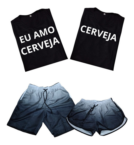 Conjunto Kit Shorts De Casal + Camisas Casais Eu Amo Cerveja