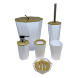 Kit Conjunto Banheiro Lavabo C/ Tampa Lixo Bambu Sextavado Cor Branco