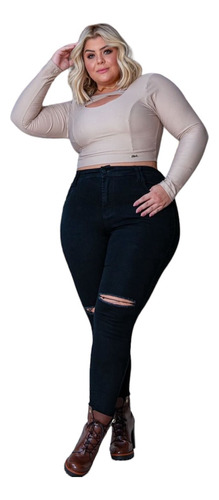 Calça Jeans Plus Size Feminina Rasgada No Joelho C/ Lycra