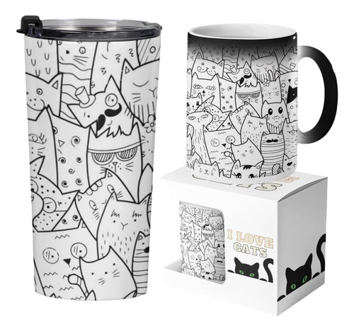 Taza Mágica De Gatos+caja De Regalo+termo Gatos Doble Capa 