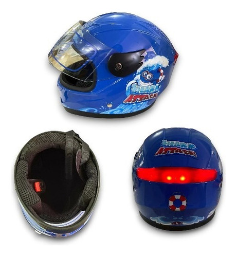 Casco Infantil Azul Cerrado Con Luz Shark Attack Brillante