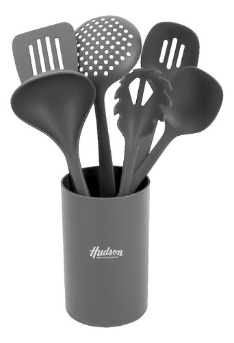 Set Hudson Seis Utensilios De Nylon Gris Oscuro Con Holder