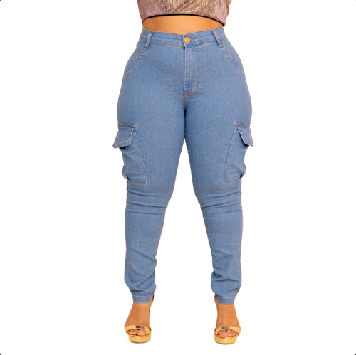 Calça Jeans Plus Size Cargo Skinny Feminina Cintura Alta