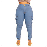 Calça Jeans Plus Size Cargo Skinny Feminina Cintura Alta