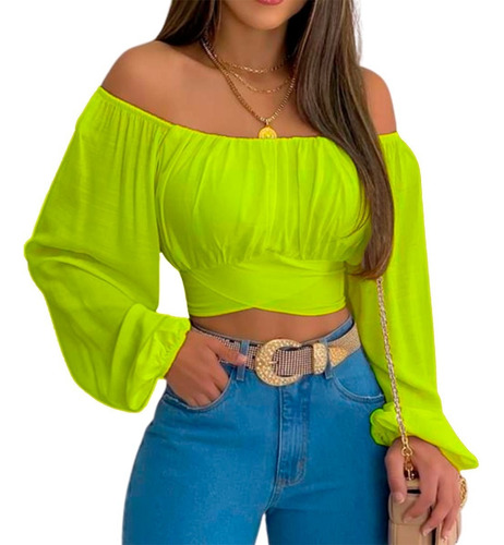 Blusa Crop Top Campesina Casual De Hombros Descubiertos Dama