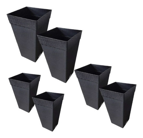 Kit 06 Vaso Rattan Coluna Flores E Plantas 28l, 17,5l E 10l Cor Preto