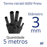 Termo Retrátil Preto 3mm X 5 Metros, Achatado Mede 5,5mm.