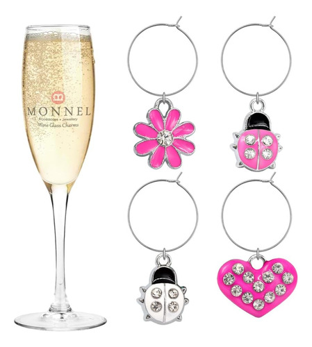 P403 Cute Pink Heart Ladybugs Flower Wine Charms Marcad...