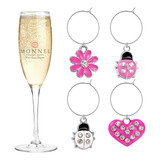 P403 Cute Pink Heart Ladybugs Flower Wine Charms Marcad...