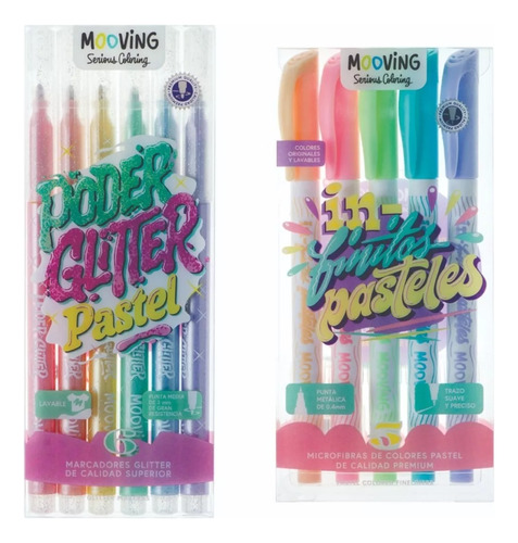 Kit Set 11 Mooving Microfibras Marcadores Glitter Pastel