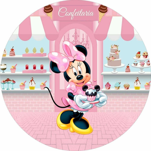 Painel Redondo Minnie Confeiteira 1,5x1,5 C/elástico Tecido