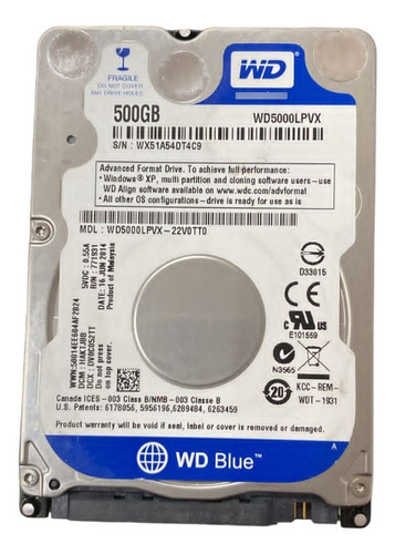 Hd Para Notebook 500gb Wd Blue Wd5000lpvx Semi Novo