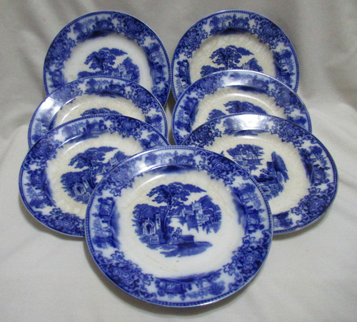 Antiguo Juego 7 Platos Playos Loza Inglesa Flow Blue England