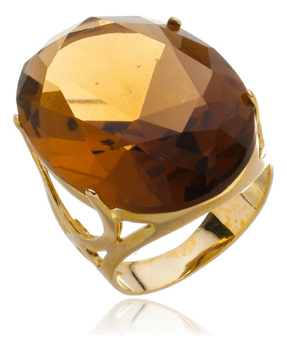 Anel Oval Grande Cristal Fume Banhado A Ouro