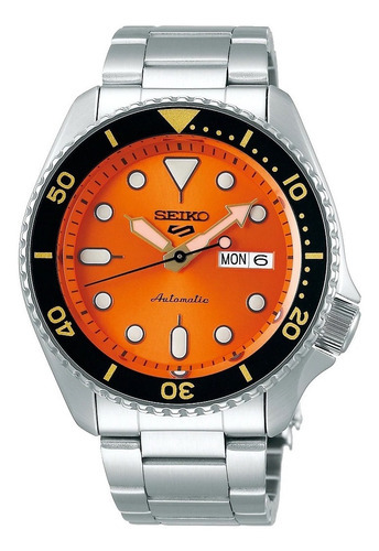 Reloj Seiko 5 Sports Srpd59k1 /marisio Color Del Fondo Naranja Color De La Correa Plateado Color Del Bisel Negro