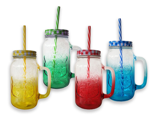 12 Vaso Tipo Mason Jar Con Asa Popote Y Tapa 650 Ml Colores