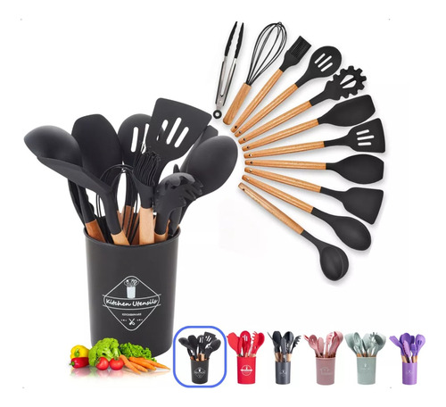 Kit 12 Utensílios Cozinha Silicone Cabo De Madeira Espátula