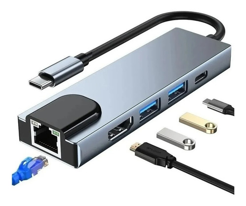 Adaptador Hub Tipo-c 5 Em 1 / Hdmi, 2x Usb, Lan E Tipo-c