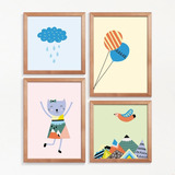 Quadros + Moldura Quarto Infantil Bebê Chuva Alegria Kit 4