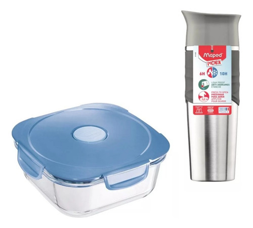 Set Maped Lunchera Recipiente Vidrio + Vaso Botella Termica