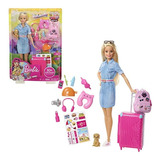 Barbie - Muñeca Y Set De Viaje Con Cachorro, Equipaje Y Más
