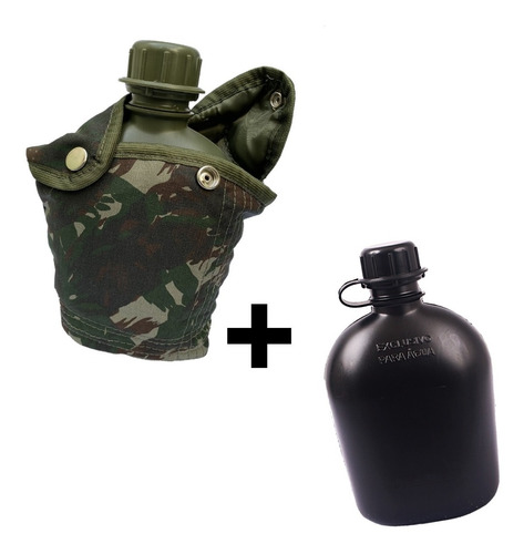 01 Porta Cantil Camuflado + 01 Cantil Preto Militar Exercito