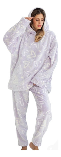 Pijama De Polar Soft Mujer Maxibuzo Y Pantalon Corazones