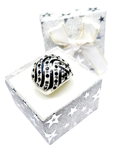 Anillo Acero Quirúrgico Strass Blanco Y Negro Mujer Joya 