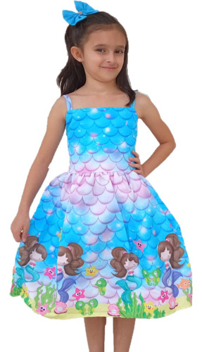 Vestido Temático Infantil Festa Pele De Sereia Mar + Brinde