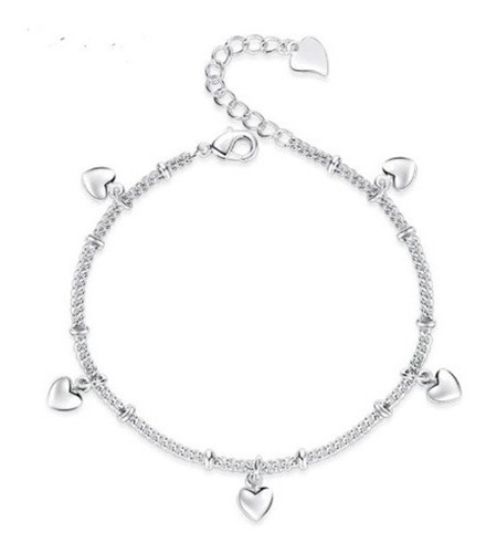 Pulsera De Plata Y Corazones Cadena