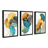 3 Quadros Decorativos Moldura Abstrato Folhagens Tons Azuis Cor Da Armação Preto