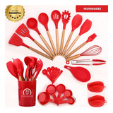 Kit C/16 Utensílios De Cozinha Silicone Cabo Madeira Cor Vermelho