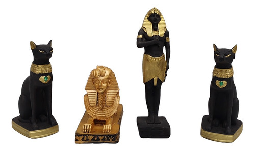 Set De 4 Figuras Egipcias Esfinge Tutankamón  Y Gatos