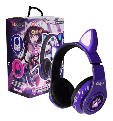 Auricular Bluetooth Gamer Con Orejas De Gato Color Purpura