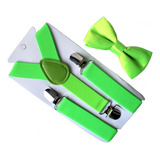 Suspensores Tirantes + Corbatín Color Verde Fluor Para Niños