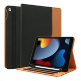 Funda iPad 7ma/8va Gen. De Cuero Portalapiz Negro/marron