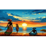 Cuadro Decorativo Lienzo Mujer Africana Y Paisaje Africano  