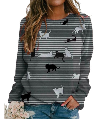 Sudadera A Rayas Con Diseño De Gatos Divertidos