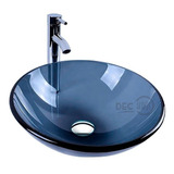 Lavamanos Vidrio Azul Traslucido+llave+desague Acero 42x14cm